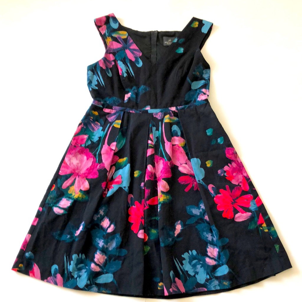 Adrianna Papell 12p Floral Dress 2 Pocket Sleeveless Pleated Excellent Condition